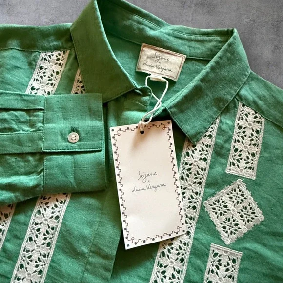 Sézane X Lucia Vergara Green Linen Embroidered Cottagecore Blouse Avant Garde - Picture 10 of 13